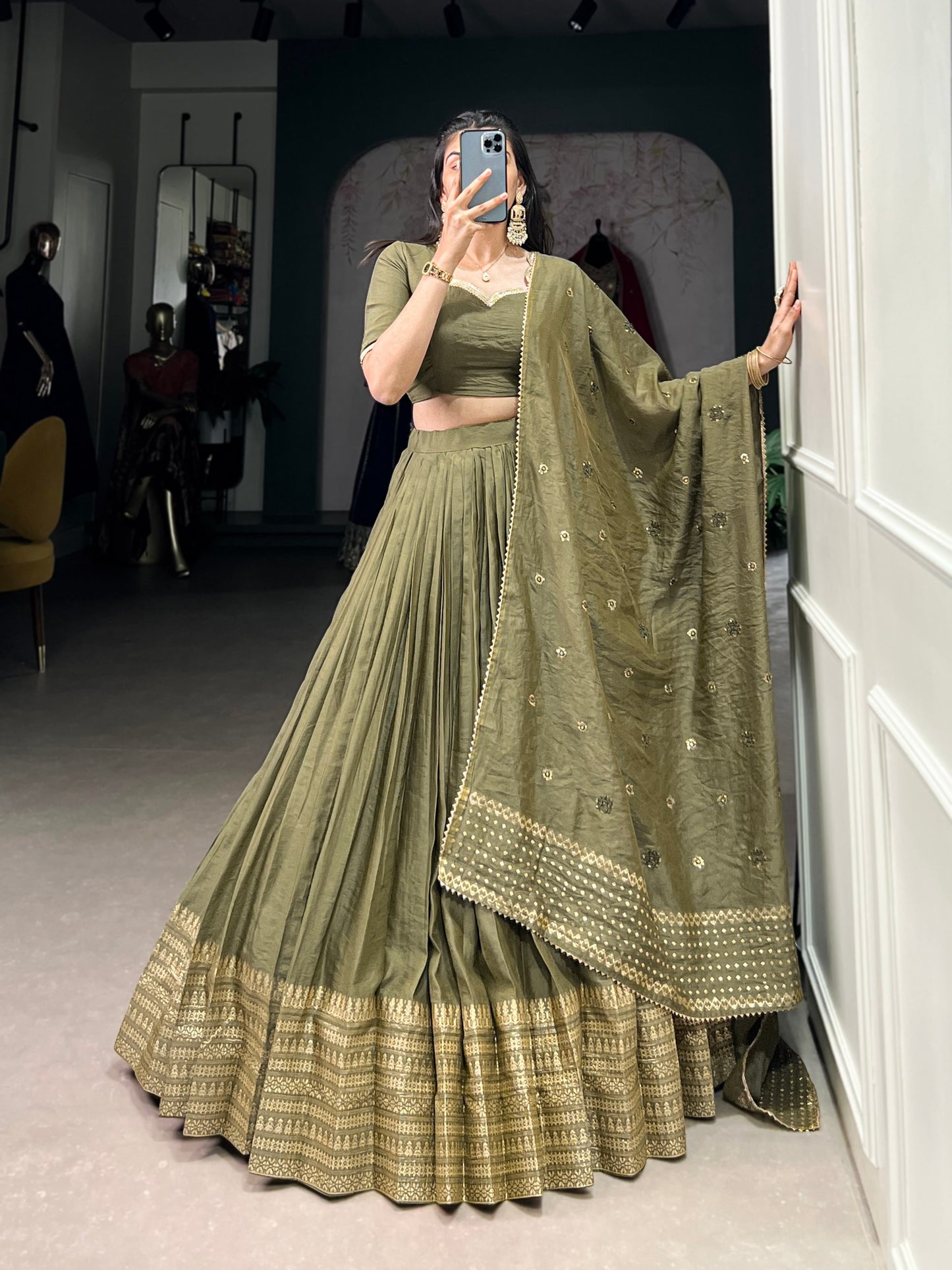 Pure Chanderi Plain Lehenga choli mehendi