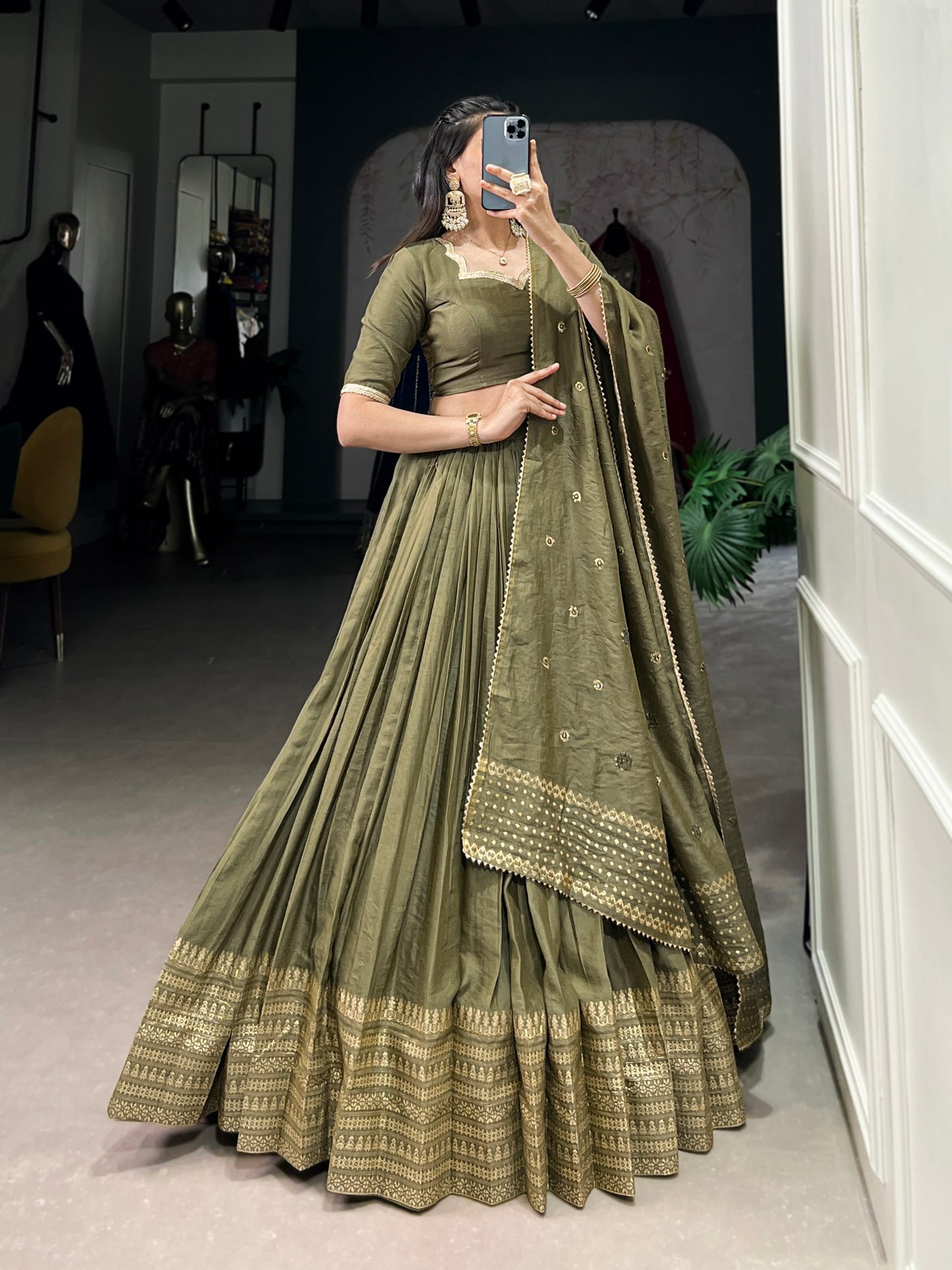 Pure Chanderi Plain Lehenga choli mehendi