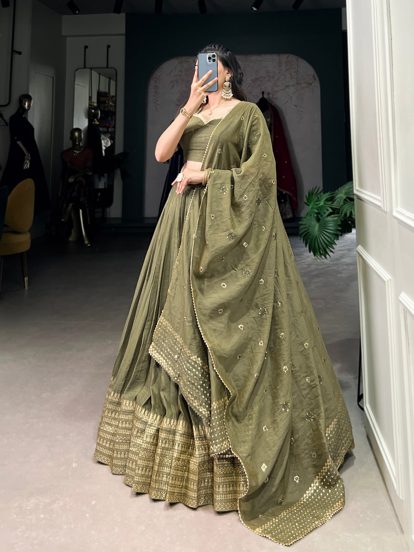 Pure Chanderi Plain Lehenga choli mehendi