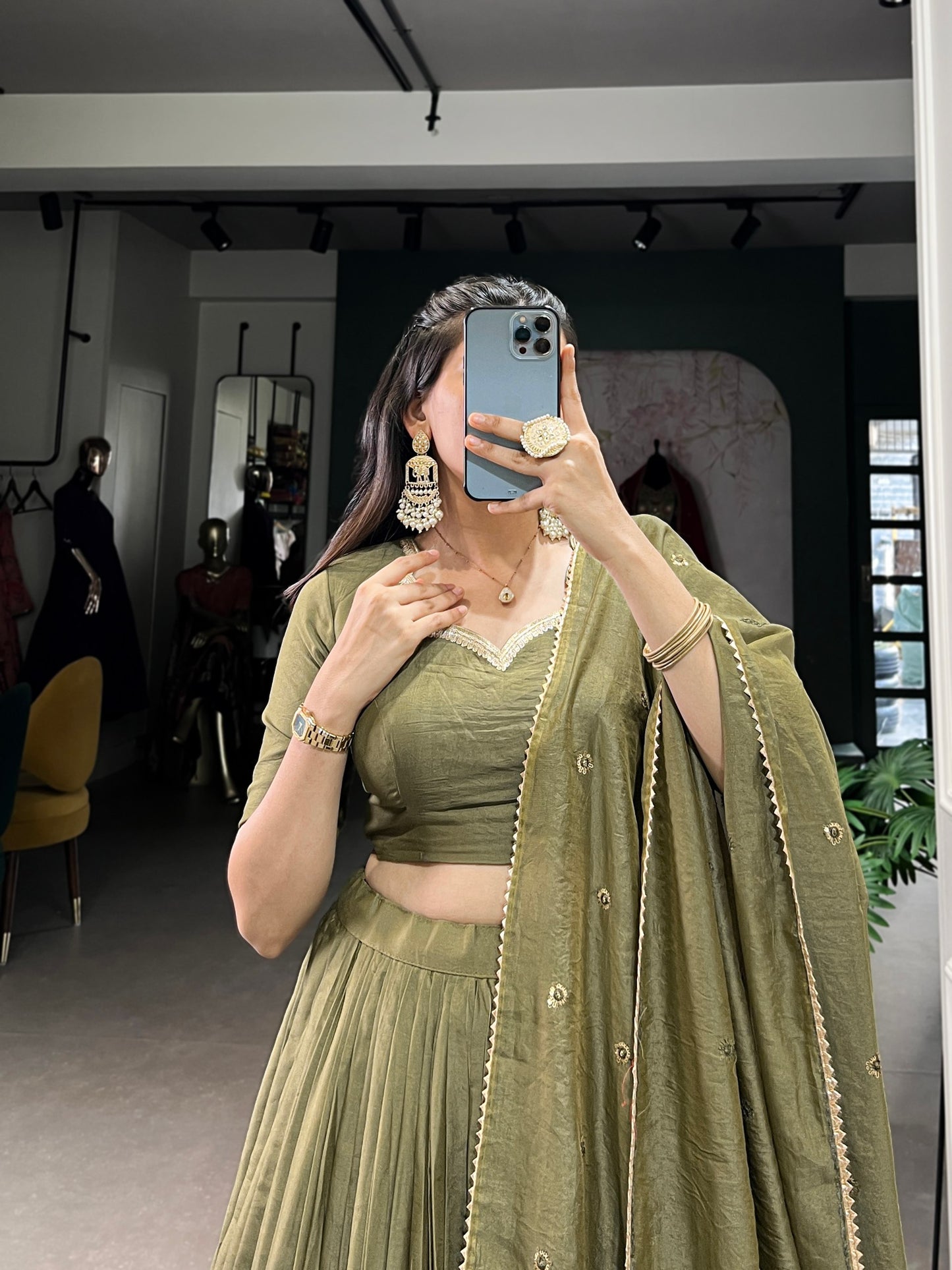 Pure Chanderi Plain Lehenga choli mehendi