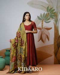Maroon Anarkali with Hand-Painted Kalamkari Dupatta