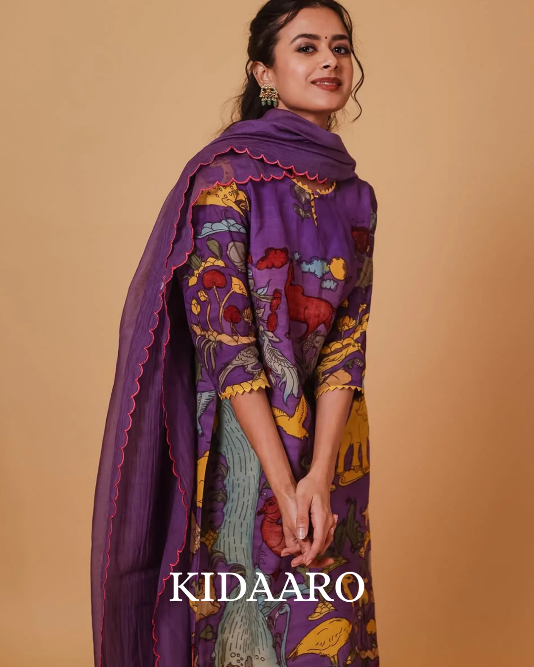 Traditional Purple Kurta Set with Royal Folk Art Print