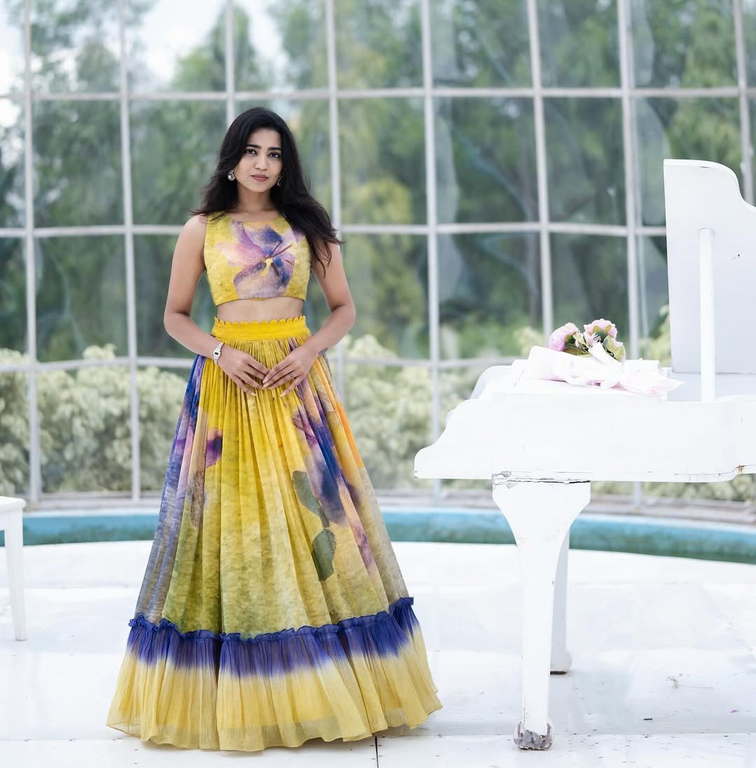 Yellow & Violet Hand-Painted Floral Crop Top & Lehenga Set