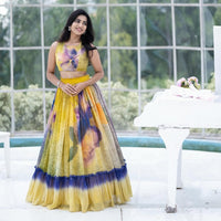 Yellow & Violet Hand-Painted Floral Crop Top & Lehenga Set
