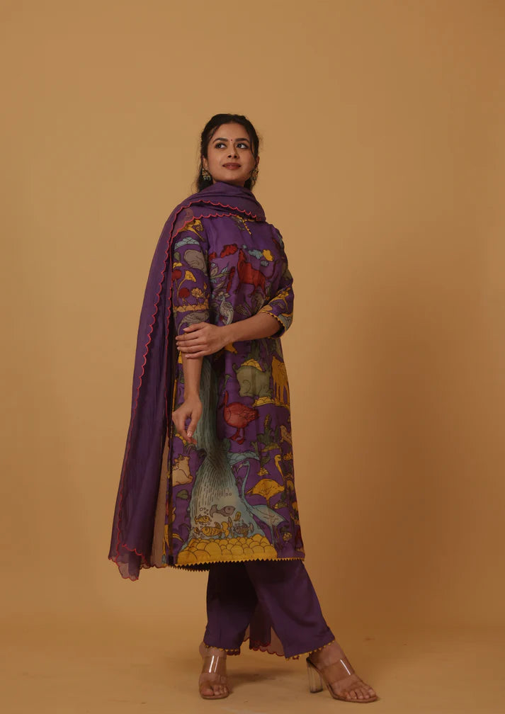 Traditional Purple Kurta Set with Royal Folk Art Print