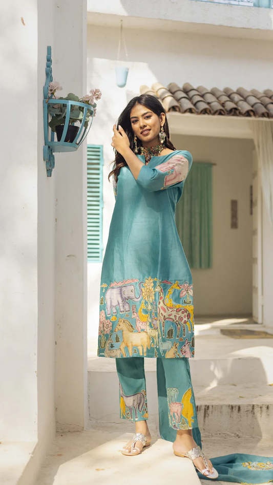 Kalamkari Cotton Kurta Set  Animals Design with Coordinated Dupatta