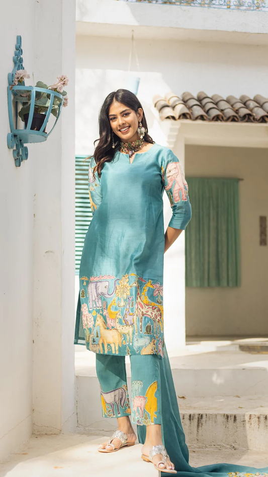 Kalamkari Cotton Kurta Set  Animals Design with Coordinated Dupatta