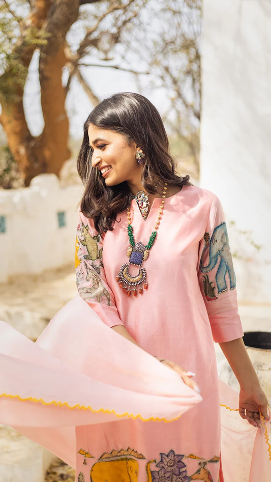 Kalamkari Cotton Kurta Set  Animals Design with Coordinated Dupatta