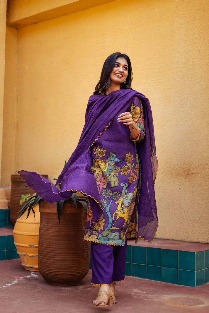Traditional Purple Kurta Set with Royal Folk Art Print