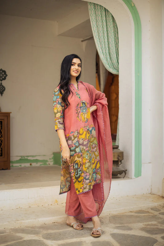 Kalamkari Cotton Kurta Set Blue with Floral Design with Coordinated Dupatta