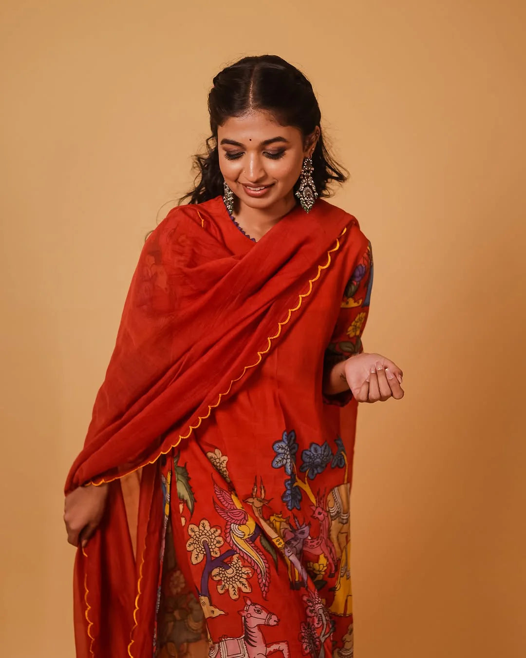 thnic Red Kurta Set with Vibrant Forest Folk Art Print