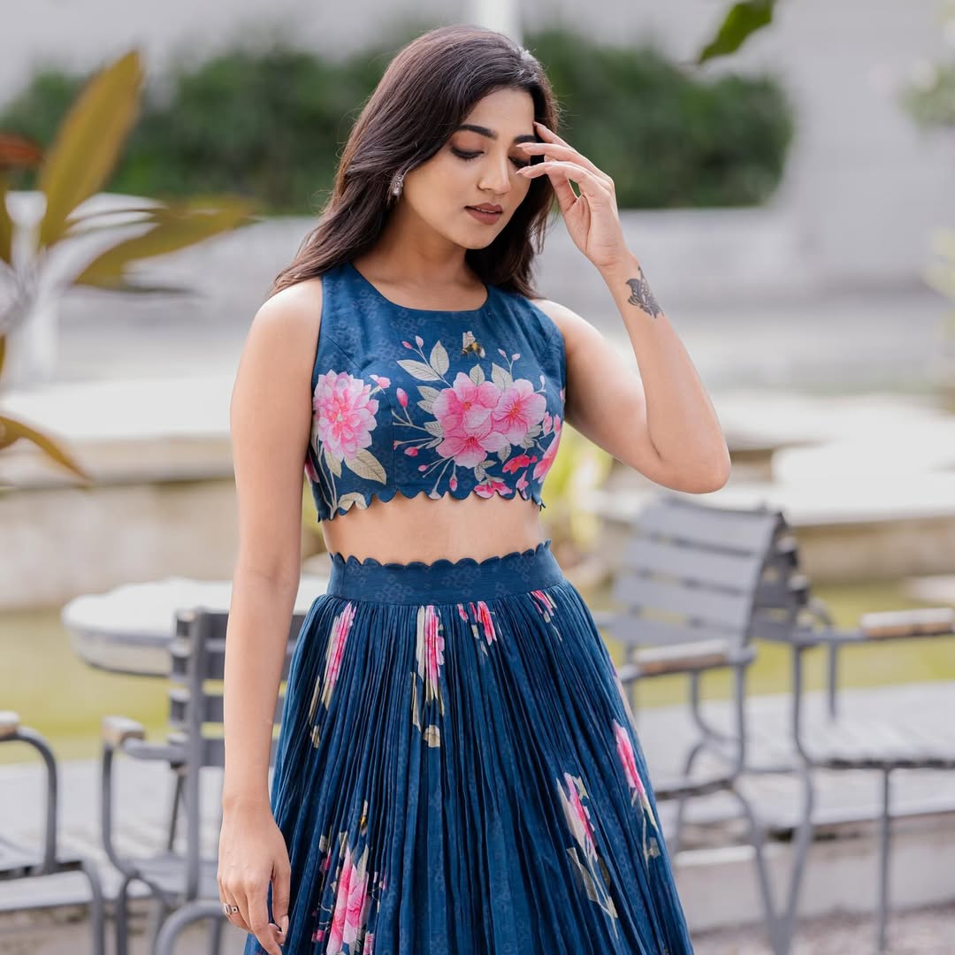 Navy Blue Sleeveless Floral Crop Top & Lehenga Set