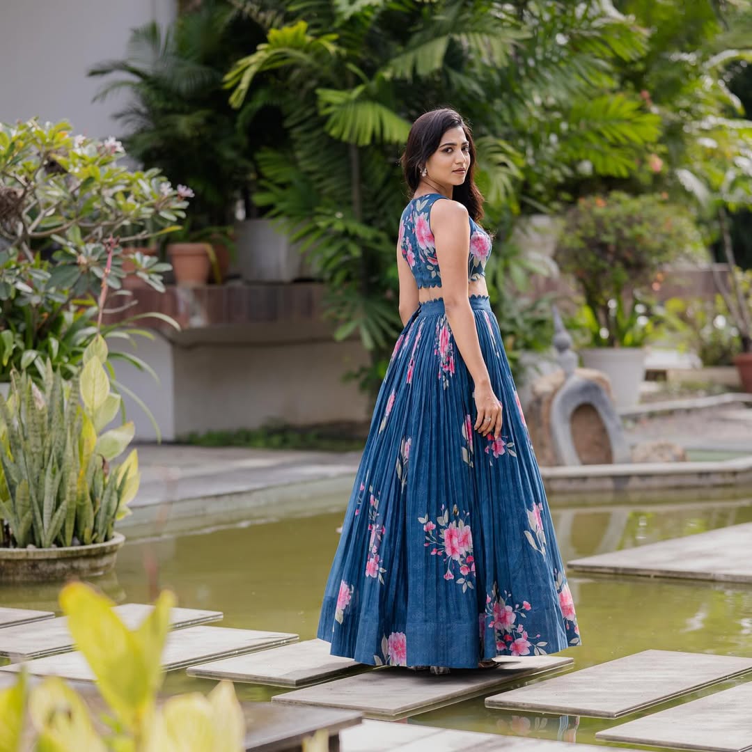 Navy Blue Sleeveless Floral Crop Top & Lehenga Set
