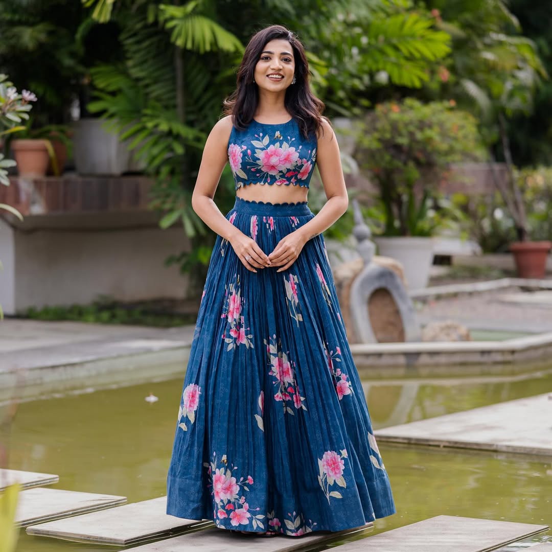 Navy Blue Sleeveless Floral Crop Top & Lehenga Set