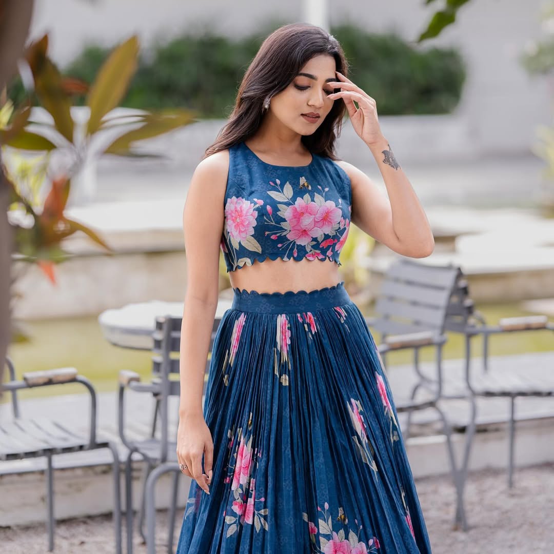 Navy Blue Sleeveless Floral Crop Top & Lehenga Set