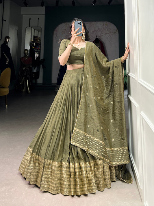 Pure Chanderi Plain Lehenga choli mehendi