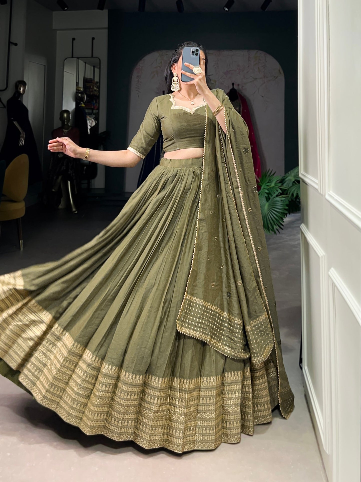 Pure Chanderi Plain Lehenga choli mehendi