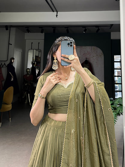Pure Chanderi Plain Lehenga choli mehendi