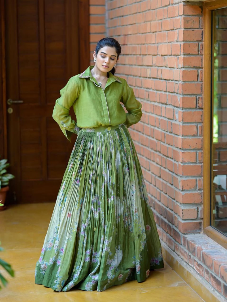 Olive Green Pleated lehenga Set