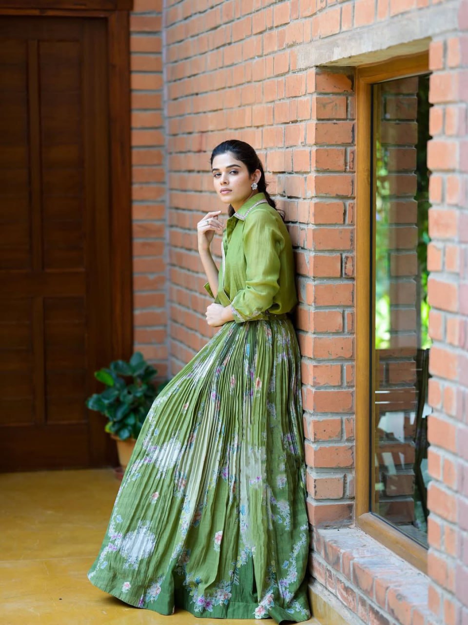 Olive Green Pleated lehenga Set