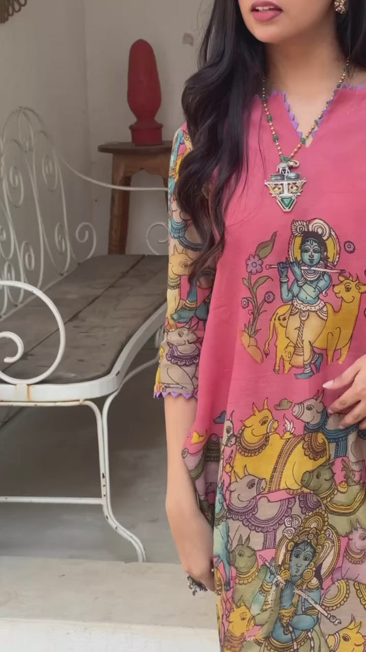 Kalamkari Cotton Kurta Set Blue with Floral Design with Coordinated Dupatta