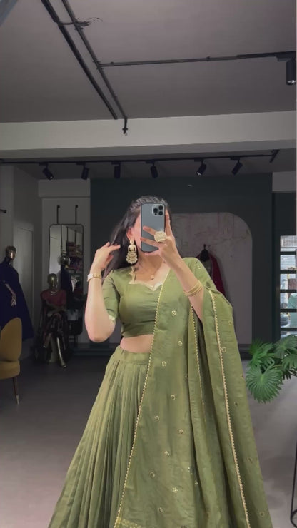 Pure Chanderi Plain Lehenga choli mehendi